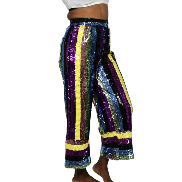 Fashion Nova Sequin Pant Rainbow Stripe Multicolor Cropped Wide Colorblock Small - Picture 6 of 16